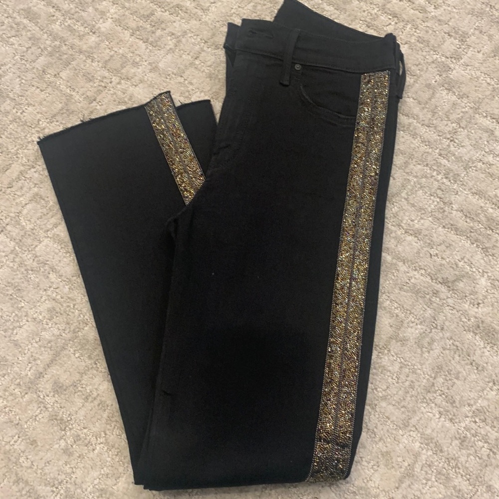Womens Mother Rascal Ankle Fray black denim with beaded racing stripe.